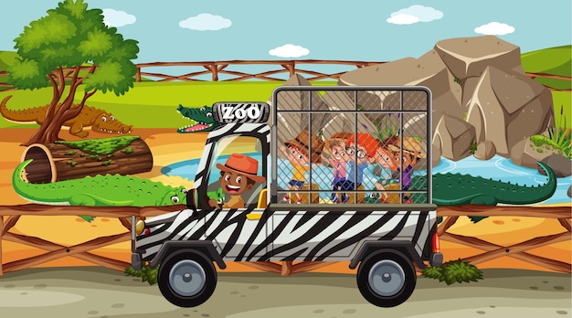 Vector children in the safari scene with crocodile group