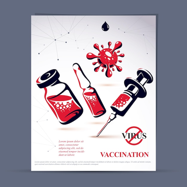 Volantino pubblicitario per vaccinazioni programmate per bambini. illustrazione vettoriale di siringa monouso, bottiglia e fiala con medicinale.