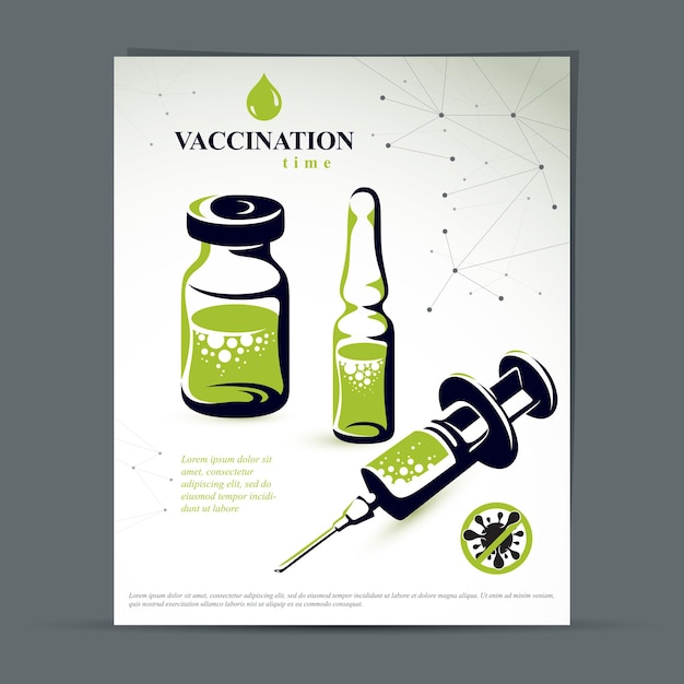 Vector children scheduled vaccination advertising flyer. vector illustration of disposable syringe, bottle and ampoule with medicine.