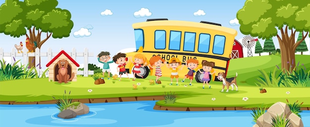 Children and school bus in outdoor background