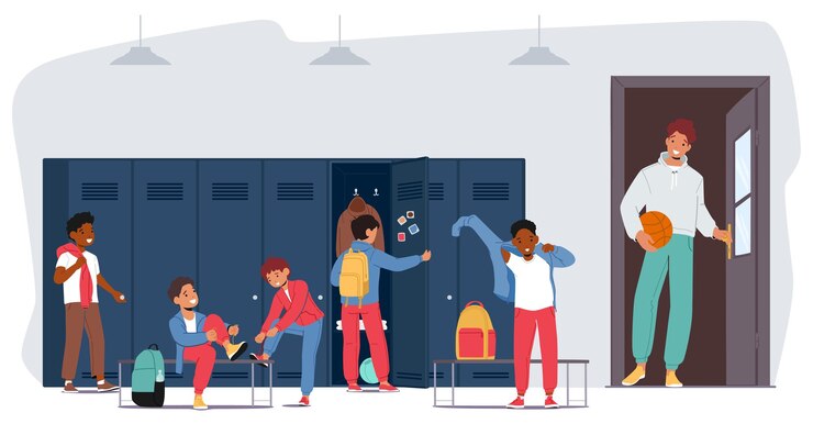 Vector children in school sports locker room boys characters change clothes after training or workout in gym sportsmen