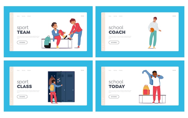 Children in school sports locker room landing page template set boys characters change clothes after training