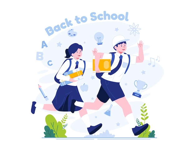 Children in school uniforms with backpacks running happily back to school