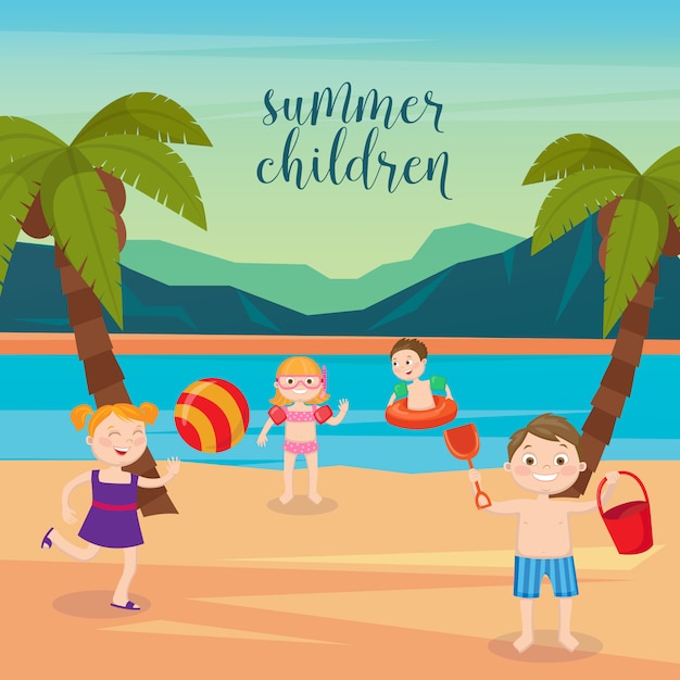 Children sea vacation. girls and boys playing on the beach. vector illustration