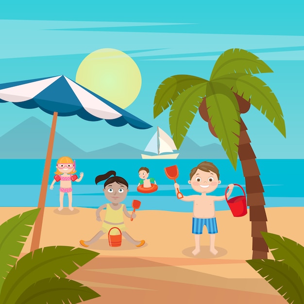 Children sea vacation. girls and boys playing and swimming on the beach. vector illustration