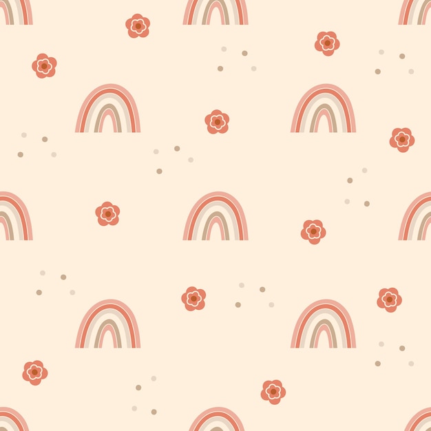 Children seamless pattern design with rainbows and florals.