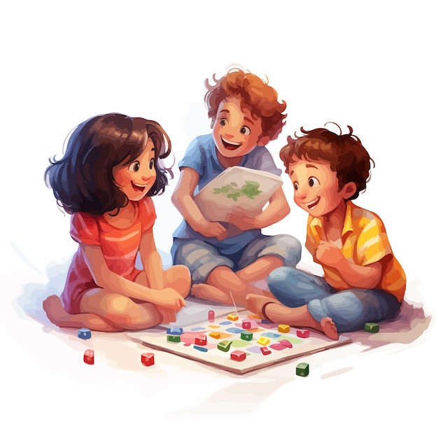 Children sit on the floor joyfully engaged in board games laughter echoes as they strategize