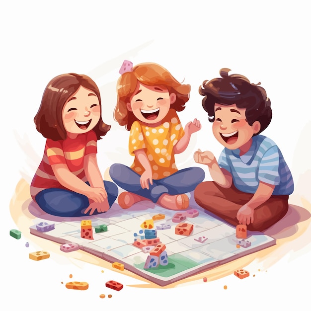 Vector children sit on the floor joyfully engaged in board games laughter echoes as they strategize