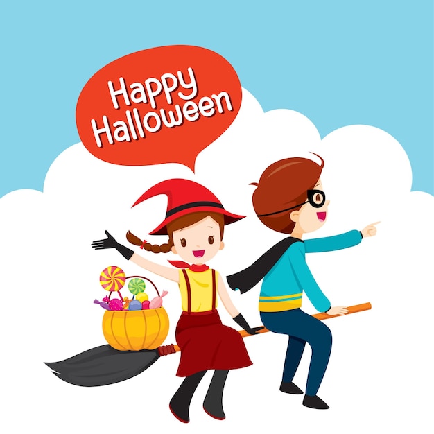 Children sitting on broom and flying on sky to halloween night party