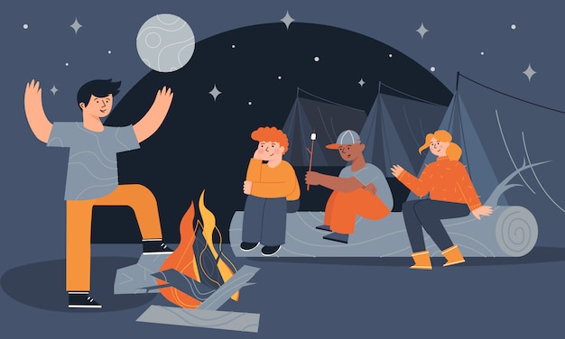 Children sitting near a campfire and tents eating marshmallow and telling scary stories at night.