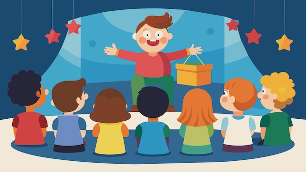 Vector children sitting in a semicircle enthralled by a puppet show being performed by their peers in a