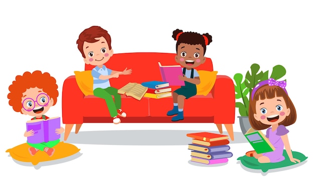 Children sitting on sofa reading a book