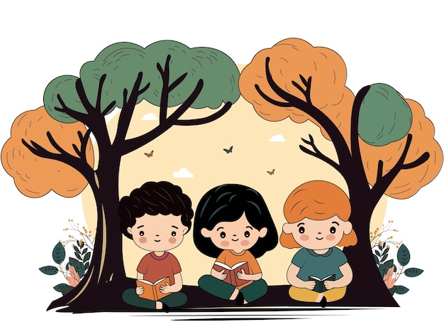 Children Sitting Under The Tree And Reading Books On Nature Background