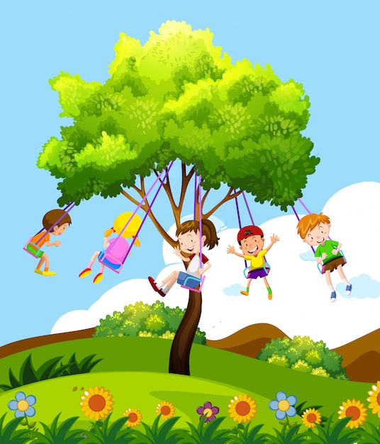 Children sitting on tree swing