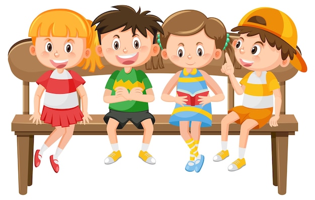 Vector children sitting on a wooden bench