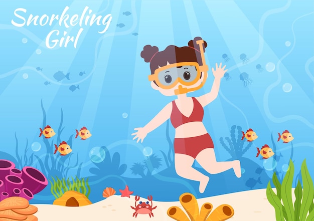 Children snorkeling with underwater swimming exploring sea in the ocean in flat cartoon illustration