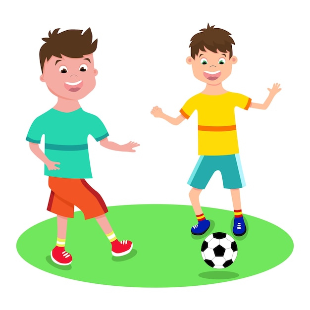 Children Soccer boys Boys playing soccer on the sport field Soccer playersTwo little Boys play football happy Children playing football in the park isolated on white Vector illustration