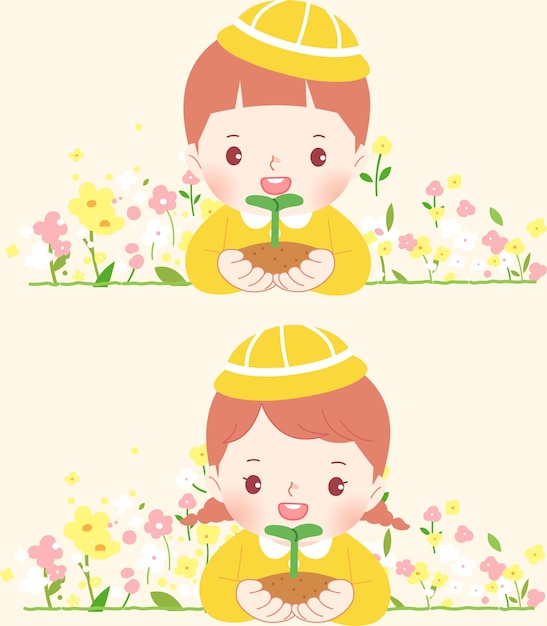 Children Spring Characters Childrens Day Nature Flowers Vectors Spring Illustrations Outdoo