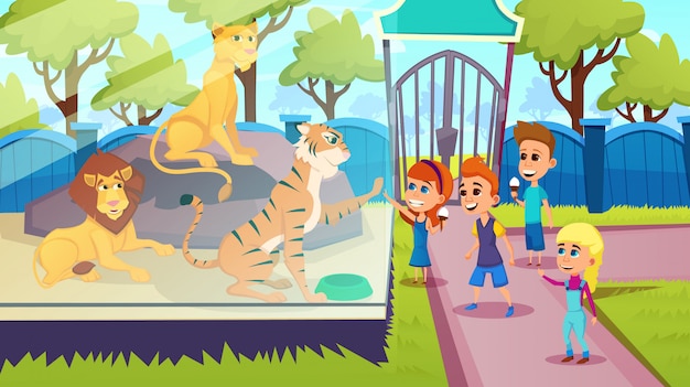 Vector children stand with predators, lions tiger in zoo,