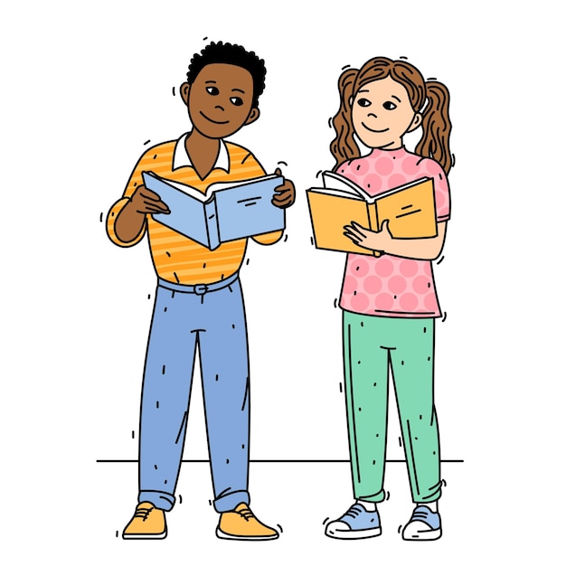 Bambini in piedi insieme a leggere libri
