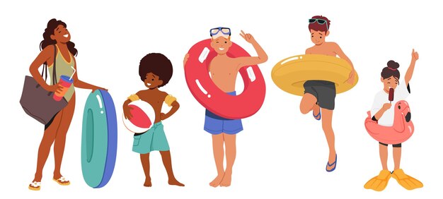 Vector children standing with inflatable rings for playing in swimming pool kids characters express spirit of childhood