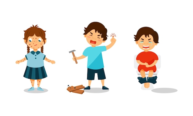 Children Suffering From Different Aches and Diseases Vector Illustrations Girl Having Chicken Pox Boy Banged His Finger With Hammer Kid Having Stomachache