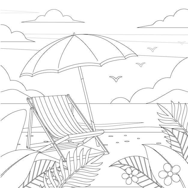 Children summer beach coloring illustration for kids blank printable design for children