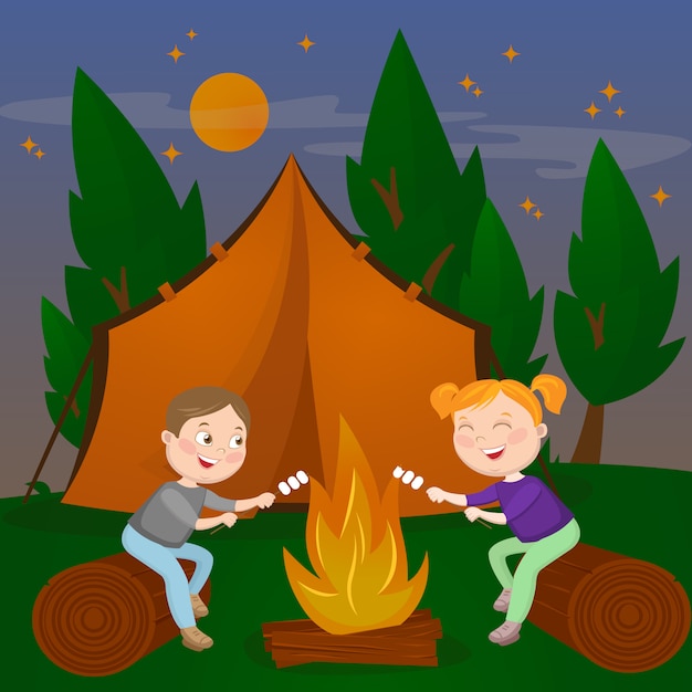 Vector children summer camp. boy and girl sitting by fireplace. bonfire with marshmallow. vector illustration