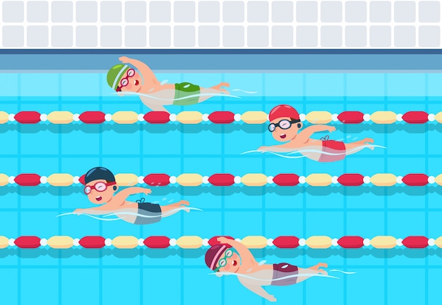 Vector children in swimming competition in pool