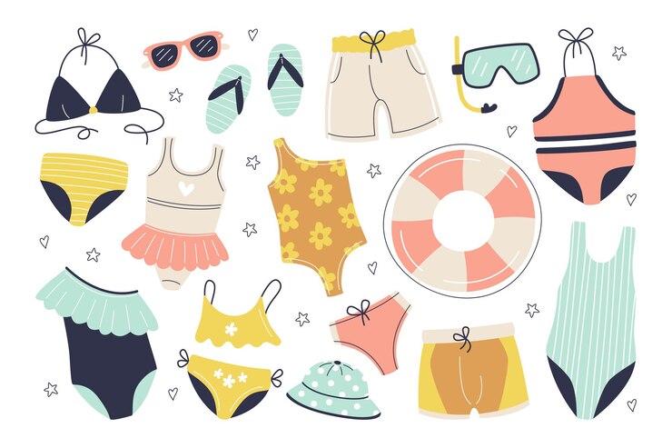Vector 子供水着フラット イラスト セット水泳用下着服ワンピース水着ビキニ ブラジャーとパンティー女の子と男の子用救命浮輪帽子サングラスとダイビング ゴーグルデザイン要素