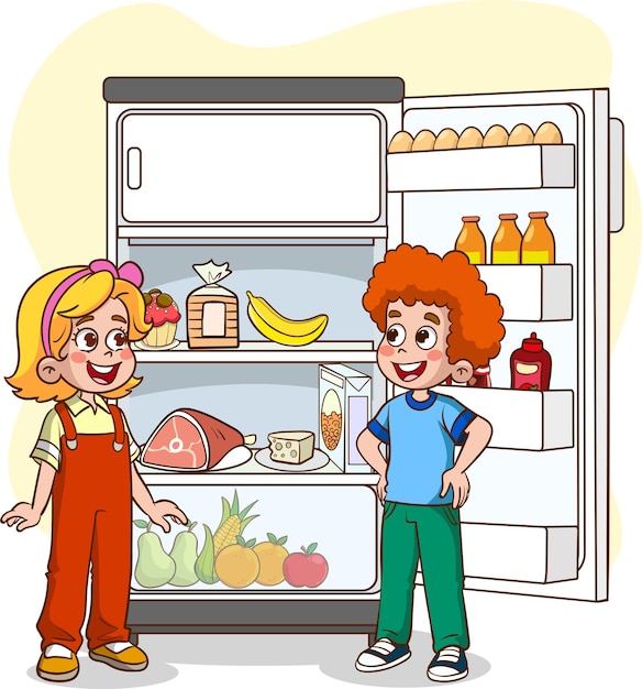 children taking food and drinks from the refrigerator