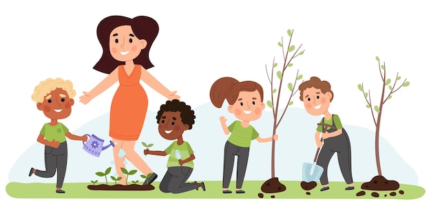 Bambini e insegnanti che fanno giardinaggio piantando verdure e alberi i bambini imparano ad amare e a prendersi cura della natura illustrazione vettoriale bambini che piantano alberi