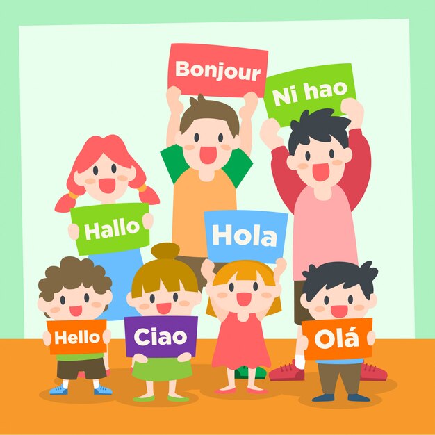 Vector children and teenagers learning various language