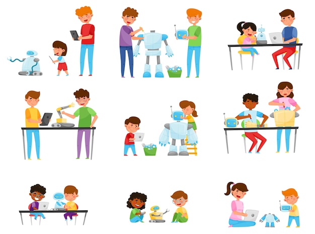 Vector children and teenagers sitting at tables and engineering robots vector illustrations set