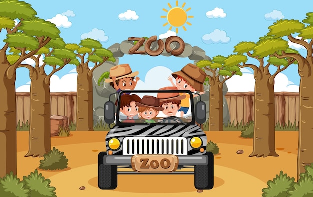 Vector children on tourist car explore in the zoo scene