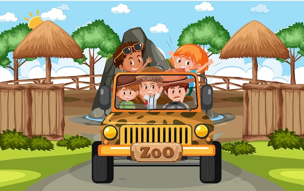 Children on tourist car explore in the zoo scene