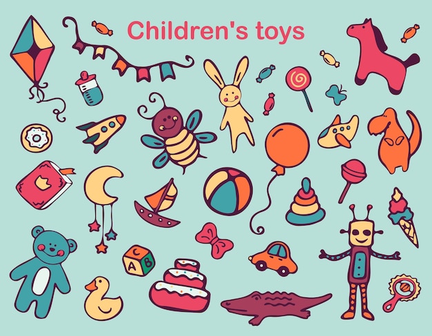 children toys doodle icon set. isolated kids toys vector illustration collection. isolated toys.