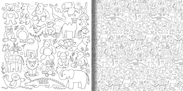 Children toys set and seamless pattern for coloring pages textile prints wallpapers