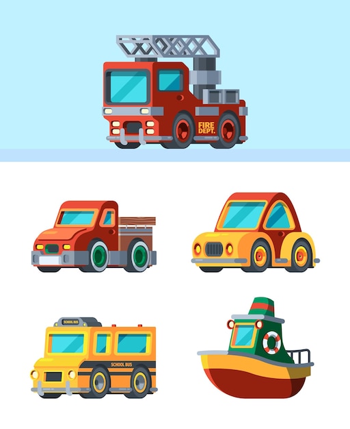 Children toys Stylized vehicles in cartoon style different transport cars trucks boats airplane garish vector illustrations of mini toys