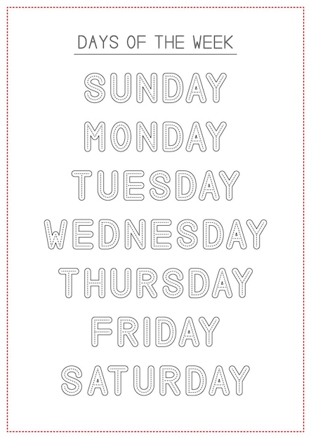 Vector children tracing page days of the week wipe clean poster