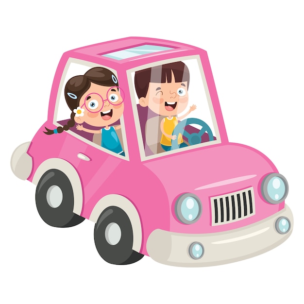 Bambini che viaggiano con un'auto divertente