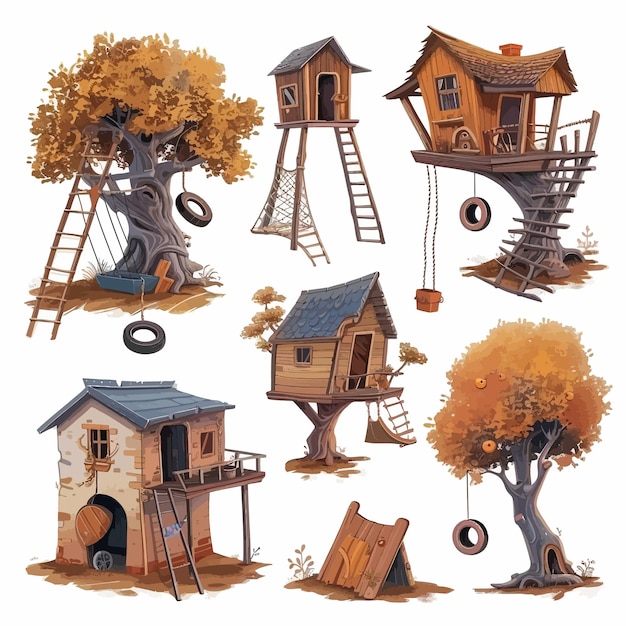 Vector children_tree_houseskids_playing_constructions