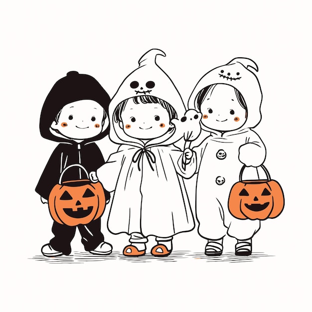 Vettore i bambini fanno dolcetto o scherzetto in costumi fatti in casa in una frizzante notte di halloween vector illustration