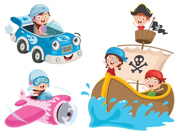 Children using car, pirate ship and plane