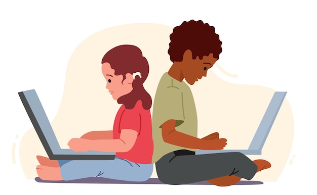 Children using gadgets, african and caucasian boy and girl sitting with laptops. kids remote education, toddlers characters use smart technologies, studying online. cartoon people vector illustration