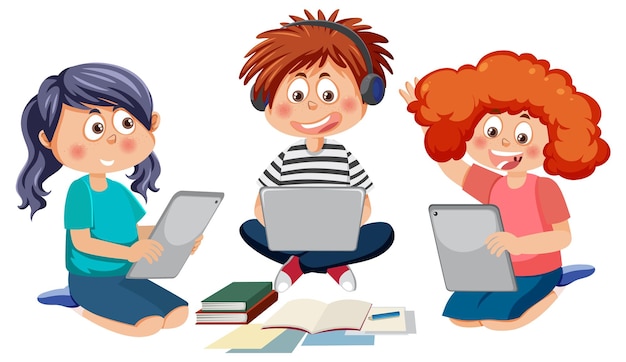 Vector children using laptop cartoon character