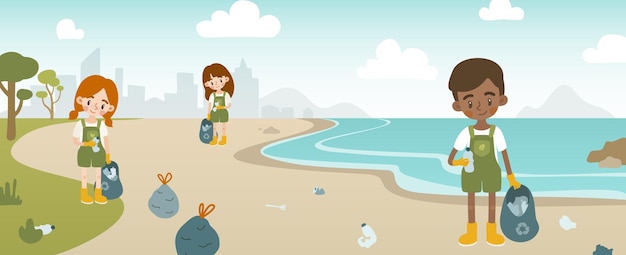 Vector children volunteers clean the sea coast from plastic waste.