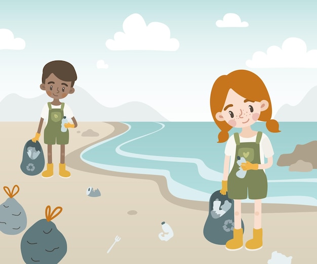 Vector children volunteers collect garbage on the beach