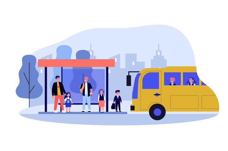 Vector children waiting for school bus illustration