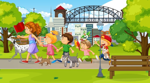 Дети гуляют со своими животными в парке